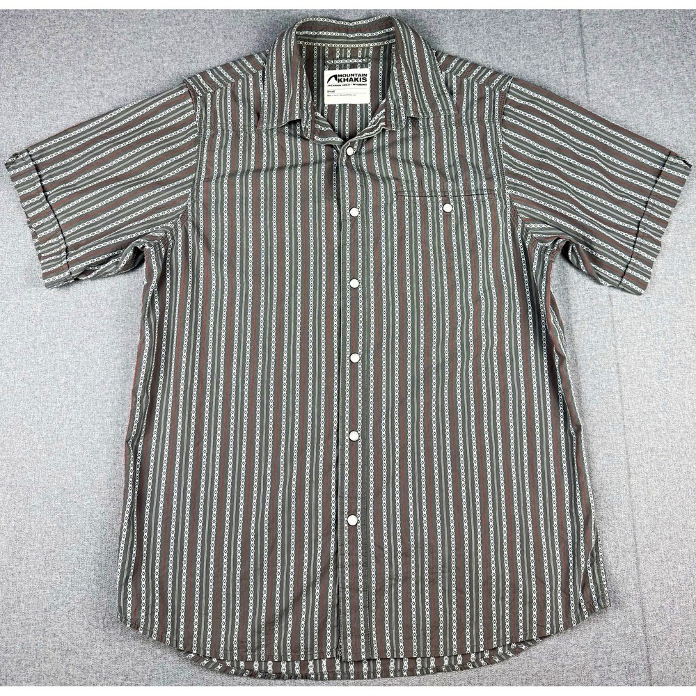 Mountain Khakis Mens S Pearl Snap Shirt Gray Western Stripe Short Sleeve Cotton